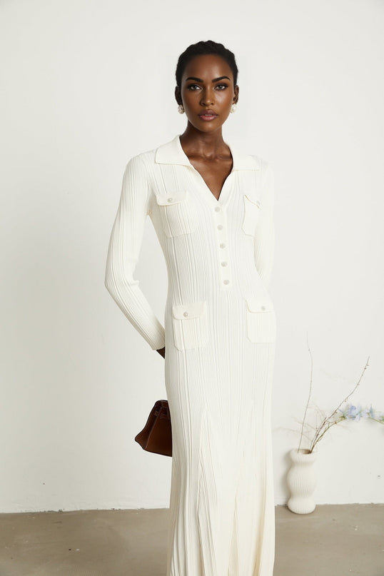 Camila White Ribbed Knit Mermaid Hem Midi Dress with Lapels and Pockets