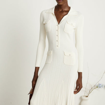 Camila White Ribbed Knit Mermaid Hem Midi Dress with Lapels and Patch Pockets