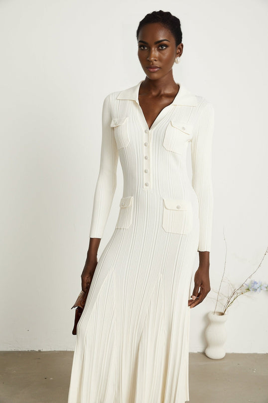 Camila White Ribbed Knit Mermaid Hem Midi Dress with Lapels and Patch Pockets