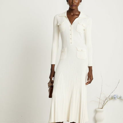 Camila White Ribbed Knit Mermaid Hem Midi Dress with Lapels and Pockets