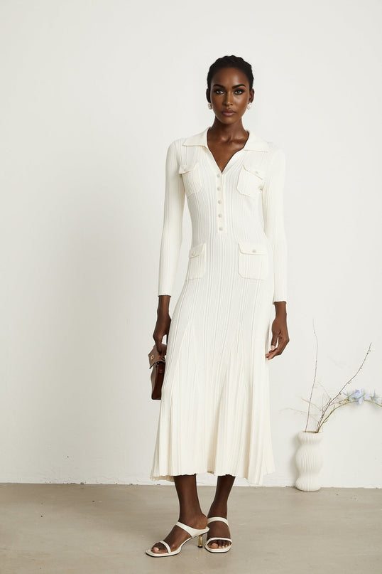 Camila White Ribbed Knit Mermaid Hem Midi Dress with Lapels and Pockets