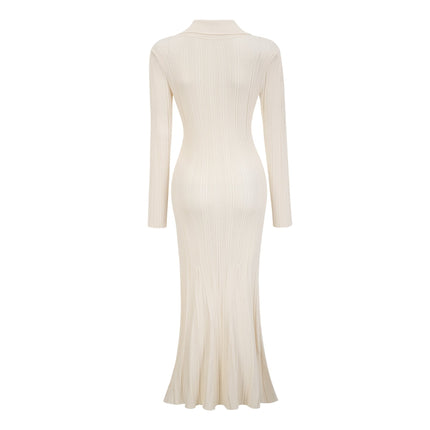 Camila White Ribbed Knit Mermaid Hem Midi Dress with Lapels and Patch Pockets