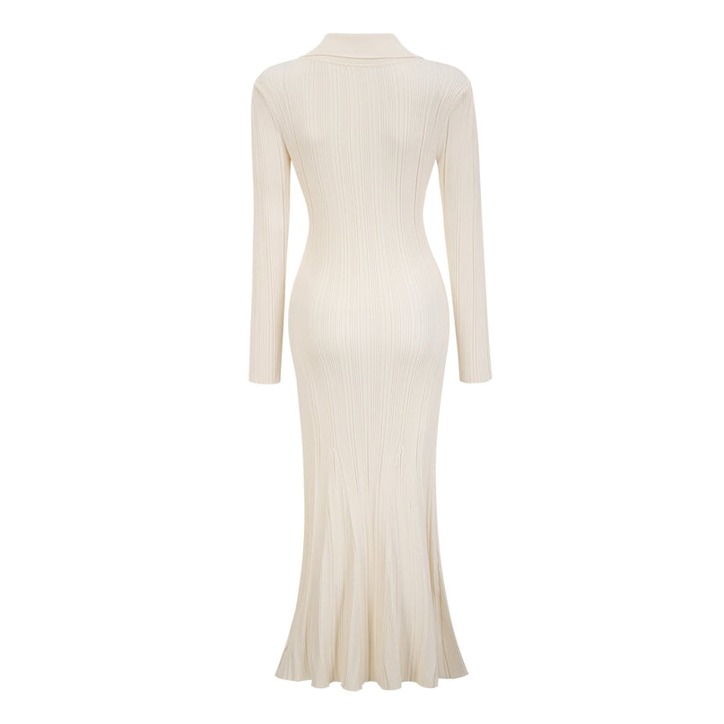 Camila White Ribbed Knit Mermaid Hem Midi Dress with Lapels and Patch Pockets