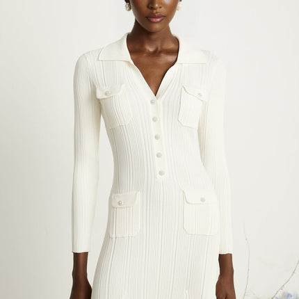 Camila White Ribbed Knit Mermaid Hem Midi Dress with Lapels and Patch Pockets