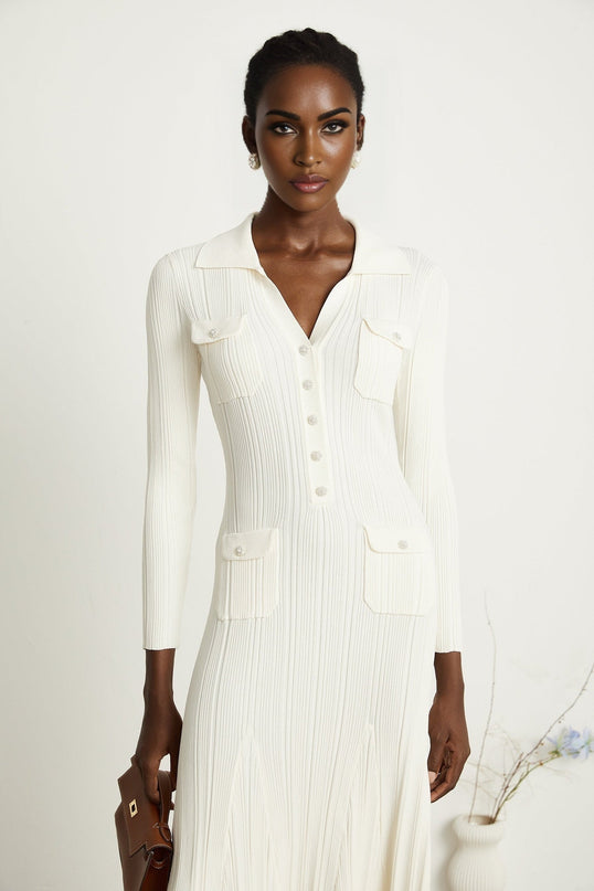 Camila White Ribbed Knit Mermaid Hem Midi Dress with Lapels and Patch Pockets