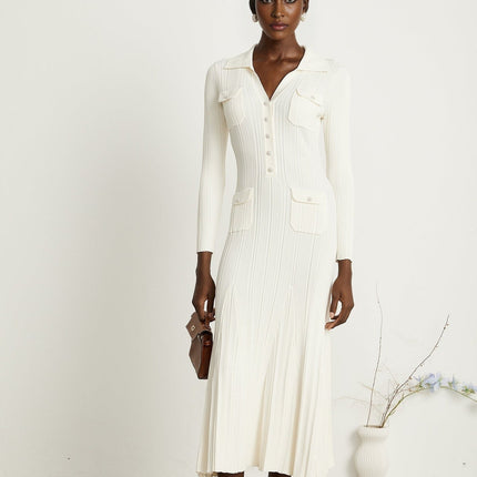 Camila White Ribbed Knit Mermaid Hem Midi Dress with Lapels and Patch Pockets