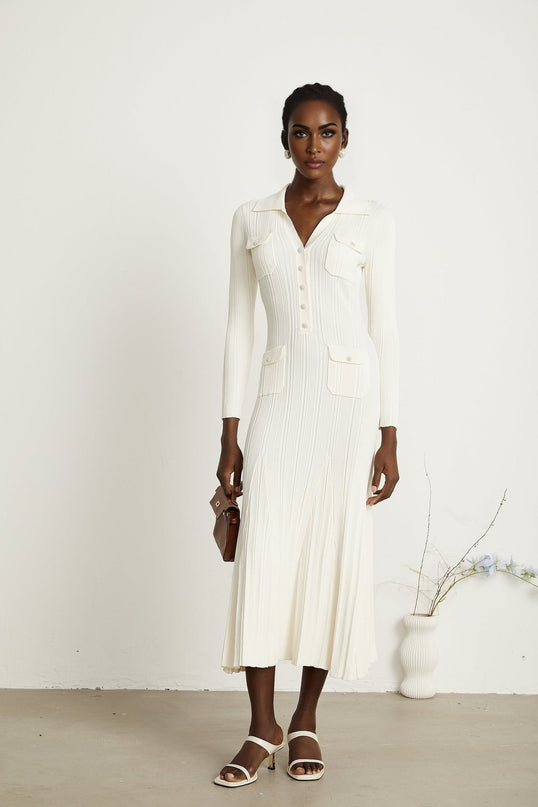 Camila White Ribbed Knit Mermaid Hem Midi Dress with Lapels and Patch Pockets