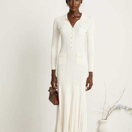 Camila White Ribbed Knit Midi Dress with Mermaid Hem and Lapels