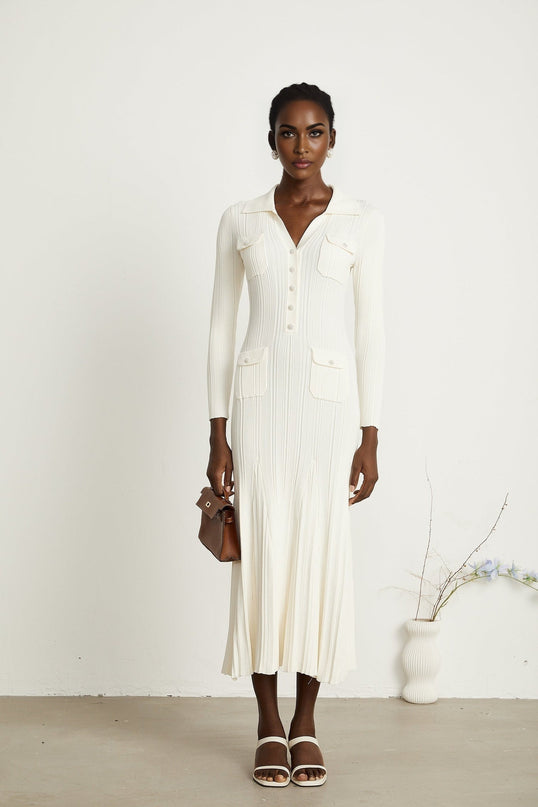 Camila White Ribbed Knit Midi Dress with Mermaid Hem and Lapels