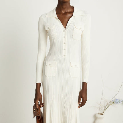 Camila White Ribbed Knit Midi Dress with Mermaid Hem and Lapels