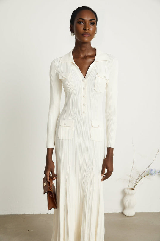 Camila White Ribbed Knit Midi Dress with Mermaid Hem and Lapels