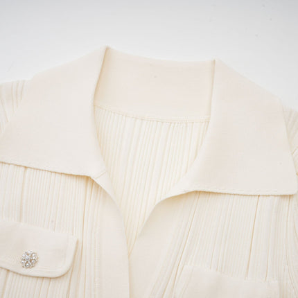 Camila White Ribbed Knit Midi Dress with Mermaid Hem and Lapels