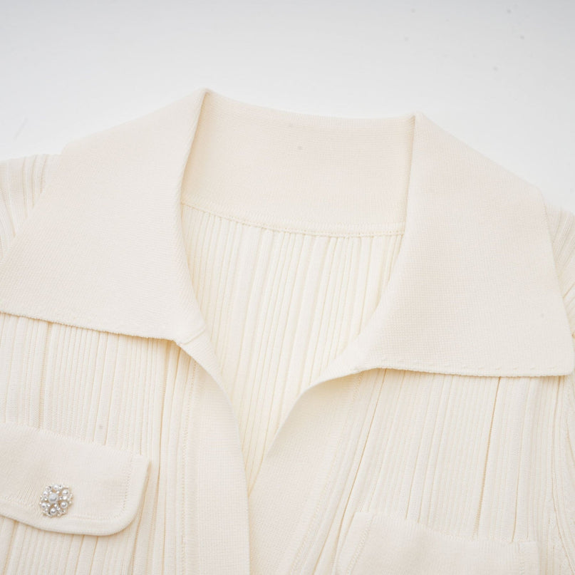Camila White Ribbed Knit Midi Dress with Mermaid Hem and Lapels