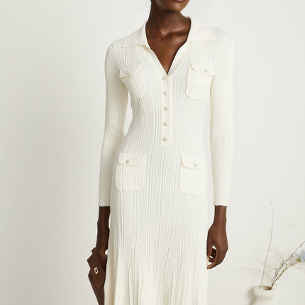 Camila White Ribbed Knit Mermaid Hem Midi Dress with Lapels and Patch Pockets