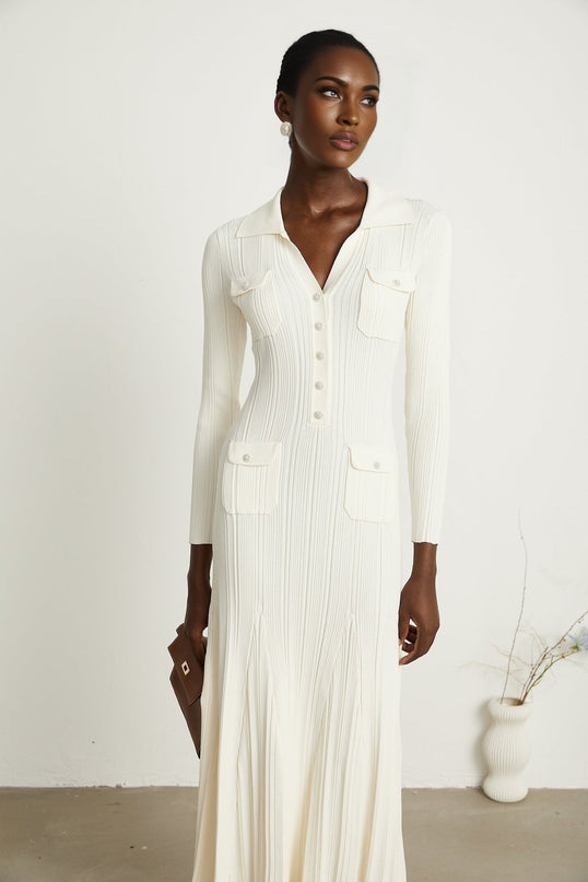 Camila White Ribbed Knit Mermaid Hem Midi Dress with Lapels and Patch Pockets