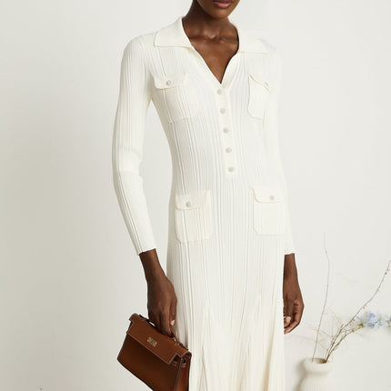 Camila White Ribbed Knit Midi Dress with Mermaid Hem and Lapels