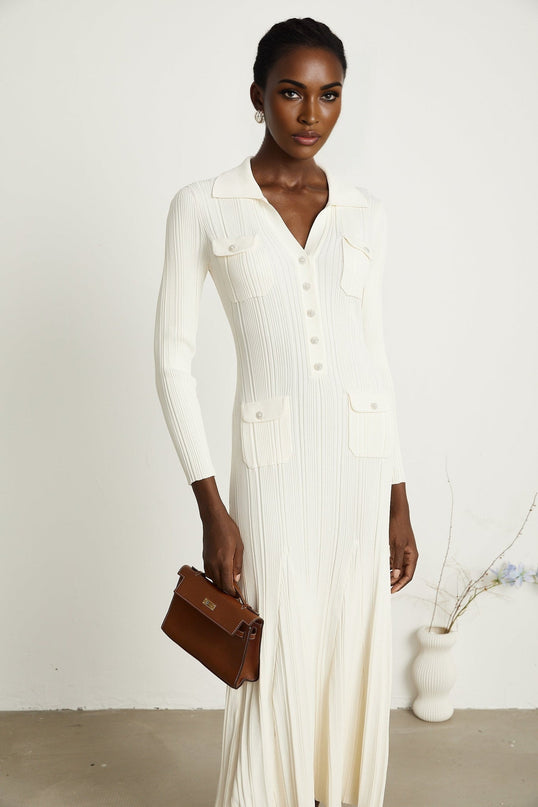 Camila White Ribbed Knit Midi Dress with Mermaid Hem and Lapels