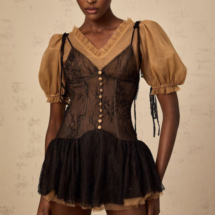 Camilla Black Mini Dress V-neck Puff Sleeves Self-tie Boned Bodice Ruffles Pleats Thigh Length Terylene Fiber