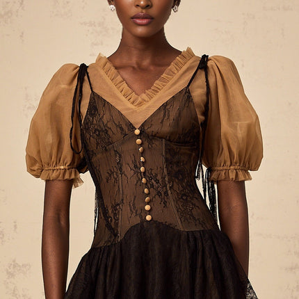 Camilla Black Mini Dress V-neck Puff Sleeves Self-tie Boned Bodice Ruffled Pleats Thigh Length Rear Zip Fastening Premium Terylene Fiber