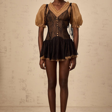 Camilla Black Mini Dress V-neck Puff Sleeves Self-tie Boned Bodice Ruffled Detailing Pleats Thigh Length Terylene Fiber