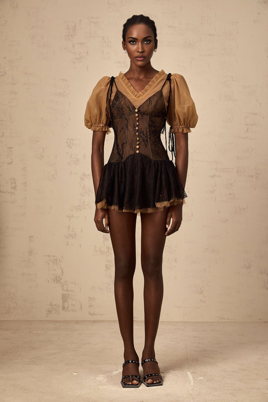 Camilla Black Mini Dress V-neck Puff Sleeves Self-tie Boned Bodice Ruffled Detailing Pleats Thigh Length Terylene Fiber