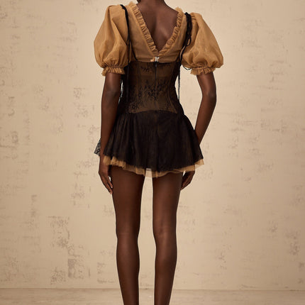 Camilla Black Mini Dress V-neck Puff Sleeves Self-tie Boned Bodice Ruffled Pleats Thigh Length Rear Zip Fastening Terylene Fiber