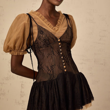 Camilla Black Mini Dress V-neck Puff Sleeves Self-tie Boned Bodice Ruffled Pleats Thigh Length Rear Zip Fastening Premium Terylene Fiber