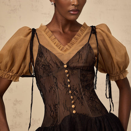 Camilla Black Mini Dress V-neck Puff Sleeves Self-tie Boned Bodice Ruffled Pleats Thigh Length Rear Zip Fastening Premium Terylene Fiber