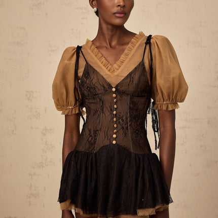 Camilla Black Mini Dress V-neck Puff Sleeves Self-tie Design Ruffled Detailing Pleats Boned Bodice Thigh Length Premium Terylene Fiber