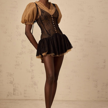 Camilla Black Mini Dress with V-neck and puff sleeves