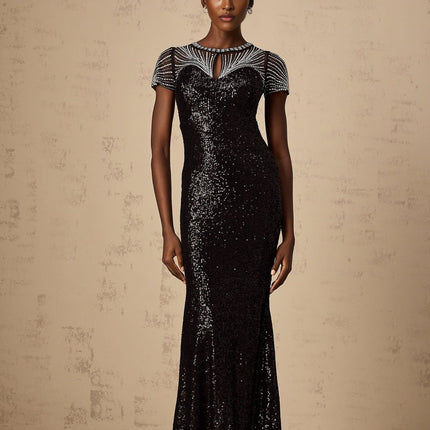 Camilla Black Sequined Maxi Dress 100% Recycled Polyester Handmade Embellishments Short Sleeves Cut-Out Silhouette Rear Zip Fastening Figure-Flattering Style
