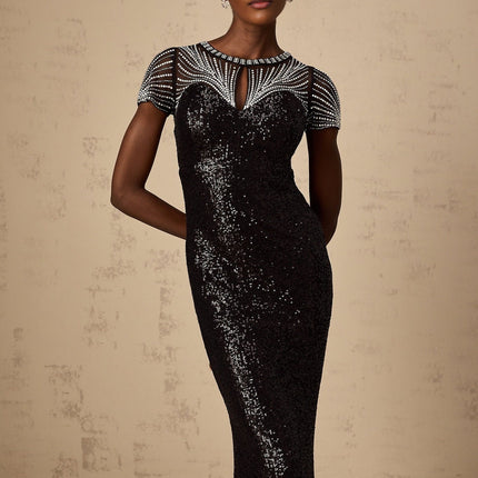 Camilla Black Sequined Maxi Dress 100% Recycled Polyester Handmade Embellishments Cut-Out Silhouette Short Sleeves Rear Zip Fastening