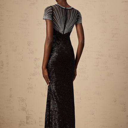 Camilla Black Sequined Maxi Dress 100% Recycled Polyester Handmade Embellishments Short Sleeves Cut-Out Silhouette Rear Zip Fastening