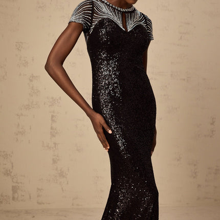 Camilla Black Sequined Studded Maxi Dress Recycled Polyester Handmade Elegance Edge Round Neck Cut-Out Silhouette Figure-Flattering Rear Zip Fastening Sophistication Glamour Sequin Shedding Luxurious Statement Piece Special Occasions Red-Carpet Moments