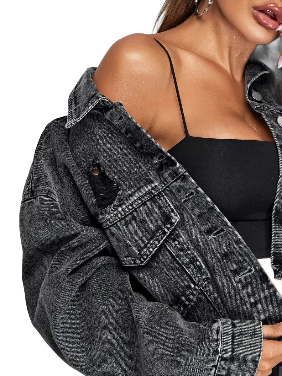 Camilla Cropped Denim Jacket for Women - Trendy Distressed Style in Grey - XS