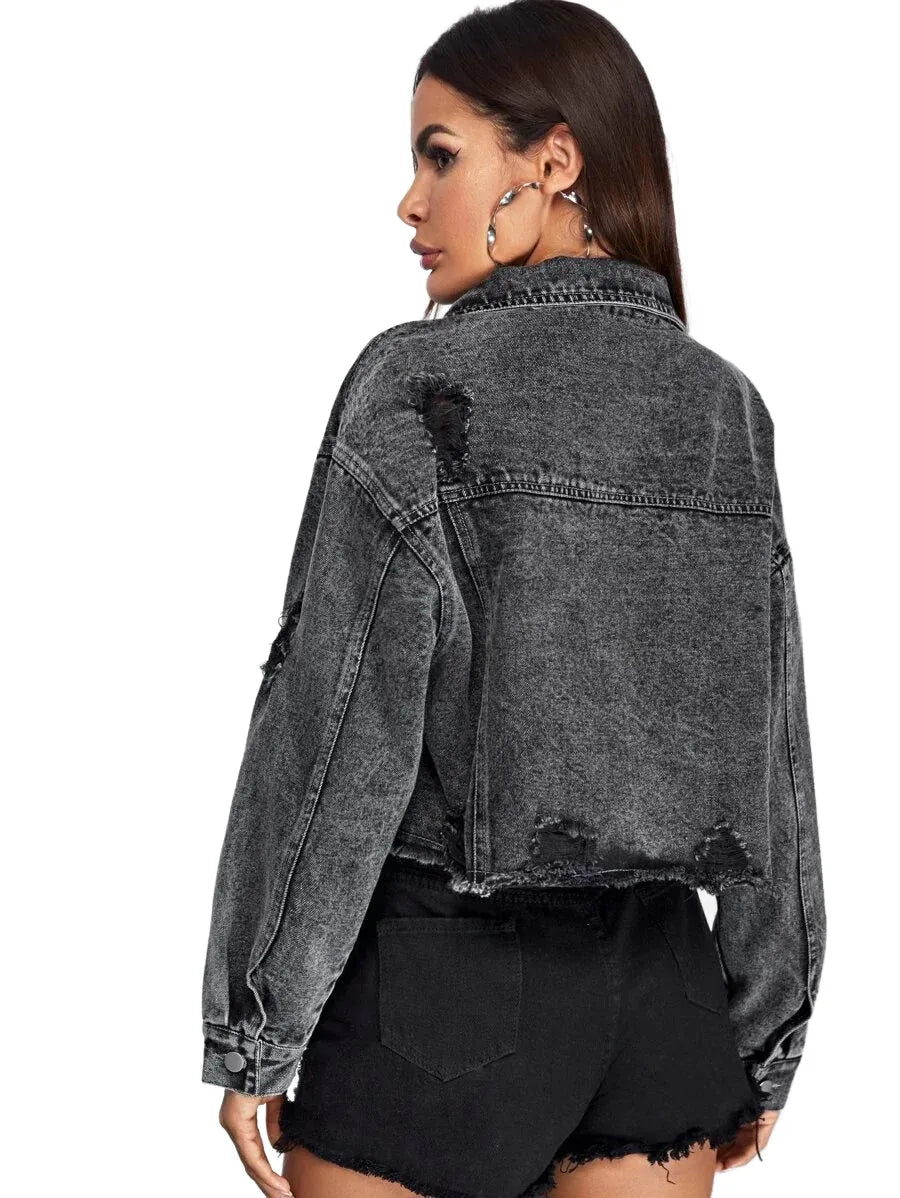 Camilla Cropped Denim Jacket for Women - Trendy Distressed Style in Grey - XS