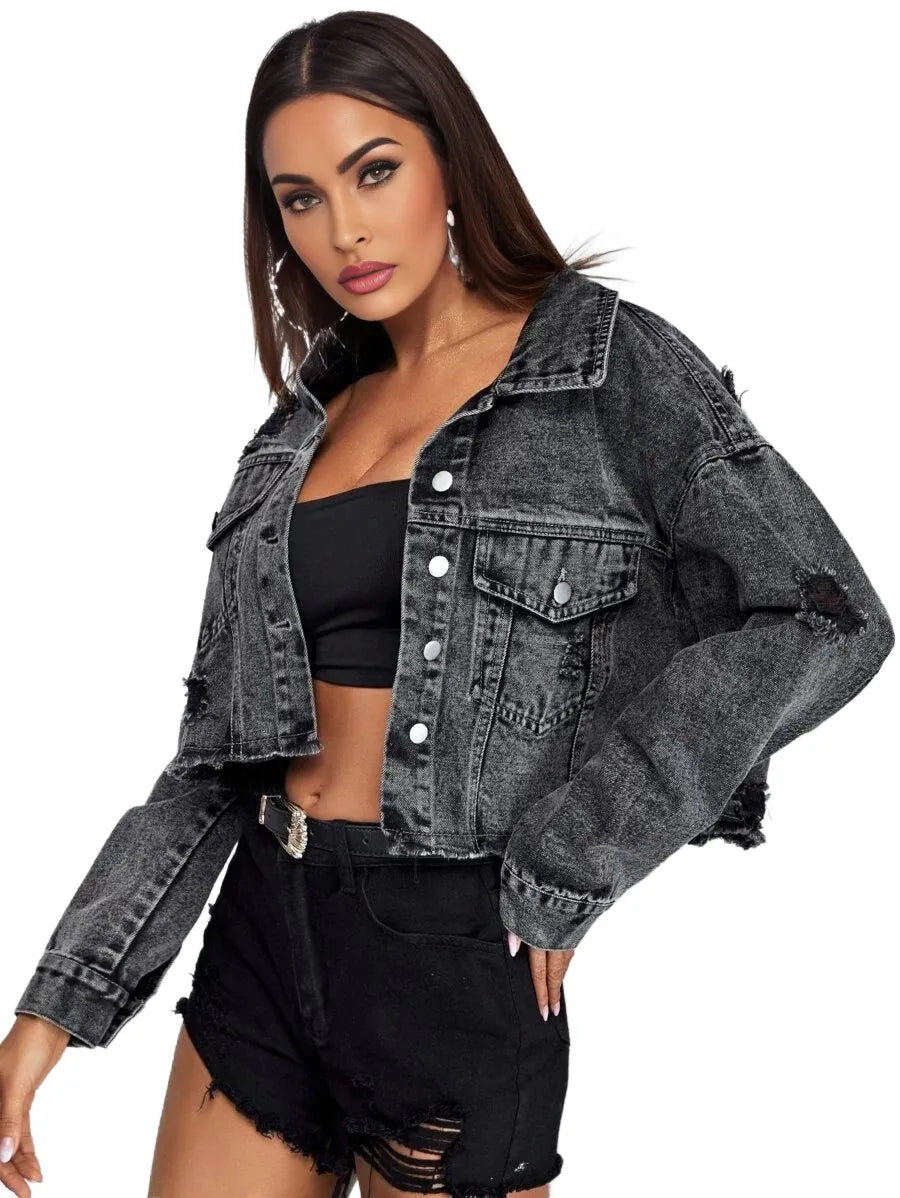 Camilla Cropped Denim Jacket for Women - Trendy Distressed Style in Grey - XS