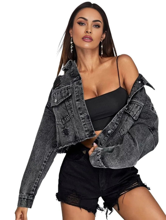 Camilla Cropped Denim Jacket for Women - Trendy Distressed Style in Grey - XS