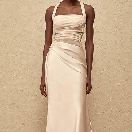 Camilla Grey Mesh Panel Halterneck Ruched Maxi Dress