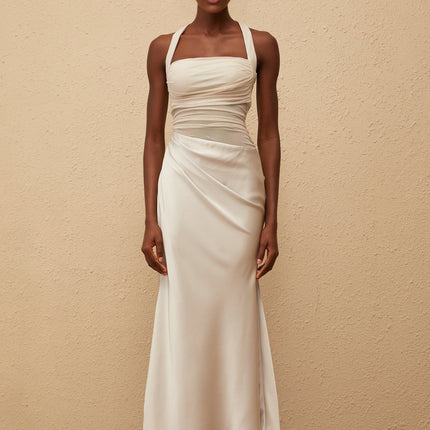 Camilla Grey Mesh Panel Halterneck Ruched Maxi Dress