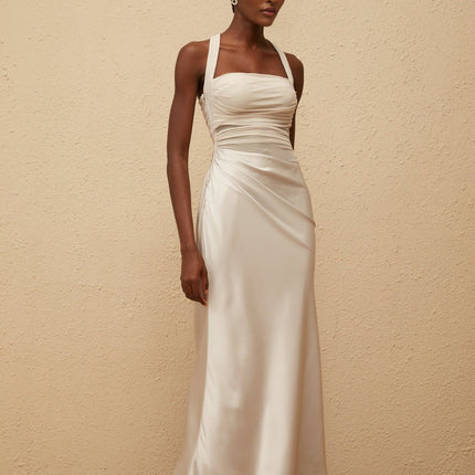Camilla Grey Mesh Panel Halterneck Ruched Maxi Dress