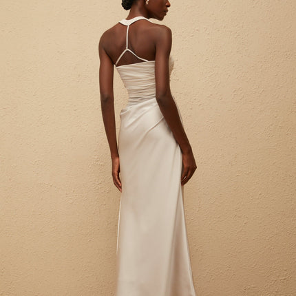 Camilla Grey Mesh Panel Halterneck Ruched Maxi Dress