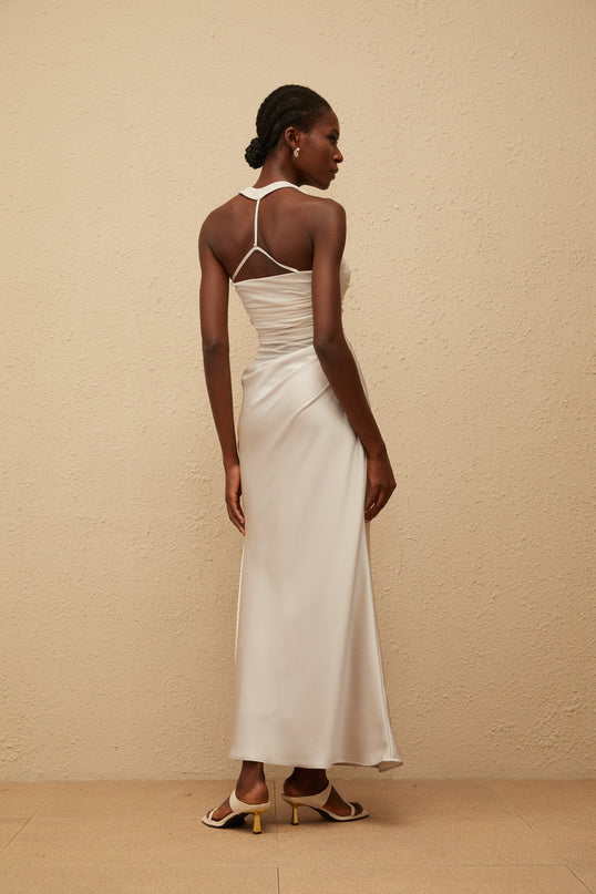 Camilla Grey Mesh Panel Halterneck Ruched Maxi Dress