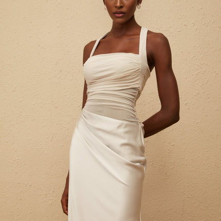 Camilla Grey Mesh Panel Halterneck Ruched Maxi Dress