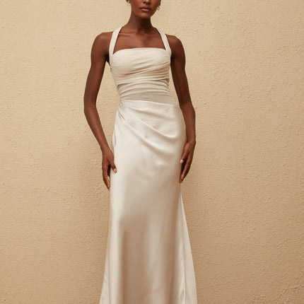 Camilla Grey Mesh Panel Halterneck Ruched Maxi Dress