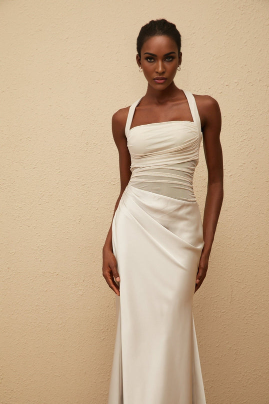 Camilla Grey Mesh Panel Halterneck Ruched Maxi Dress