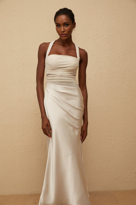 Camilla Grey Mesh Panel Halterneck Ruched Maxi Dress