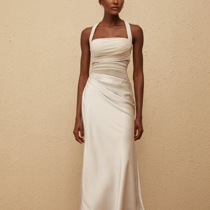 Camilla Grey Mesh Panel Halterneck Ruched Maxi Dress