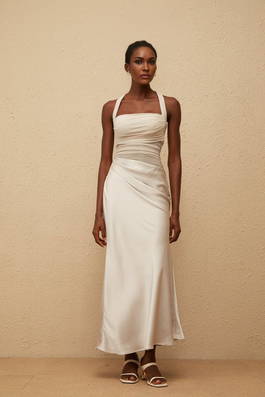 Camilla Grey Mesh Panel Halterneck Ruched Maxi Dress