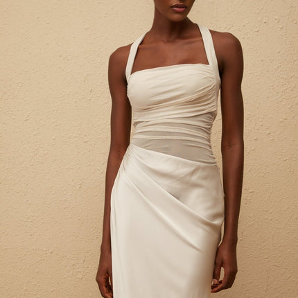 Camilla Grey Mesh Panel Halterneck Ruched Maxi Dress